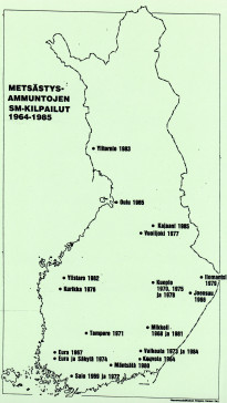 Metsästysammunnan sm-kisojen pitopaikat vuosilta 1964 – 1985.  Suomen Metsästäjäliiton arkisto/Suomen Metsästysmuseo
