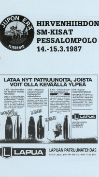 Hirvenhiihdon SM-kisat Pessalompolossa vuonna 1987. Kisaohjelman kansi.  Suomen Metsästäjäliiton arkisto/Suomen Metsästysmuseo