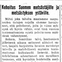 Metsästäjäliiton metsästäjäkunnalle osoittama kehoitus peltopyyn rauhoittamiseksi  digi.kansalliskirjasto.fi, Uusi Suomi 14.10.1921, Kansalliskirjaston digitaaliset aineistot.