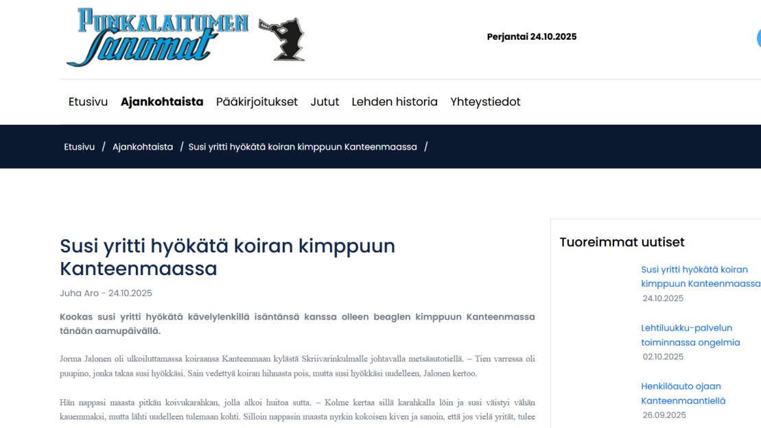 Kuvakaappaus Punkalaitumen Sanomien sivulta