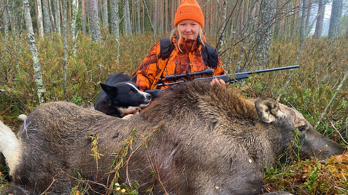 Österbacka kaadetun hirven takana.