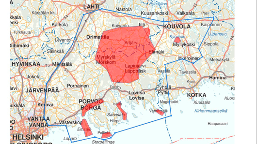 Metsästyskieltoalueet kartalla. Kuva: Puolustusvoimat