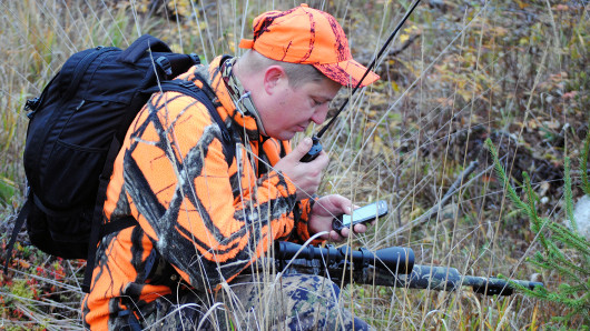 Jägarna använder positionsdata för att på sina enheter, såsom mobiltelefoner, kunna se var jakthundarna och jaktkamraterna befinner sig. Sara Seppälä.