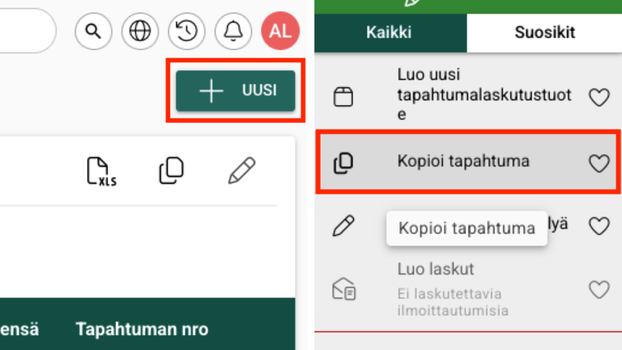 Uusi tapahtuma / Kopioi tapahtuma